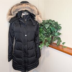 Trina Turk Down Parka Coat S Black Real Coyote Fur Hood Removable Hood Warm